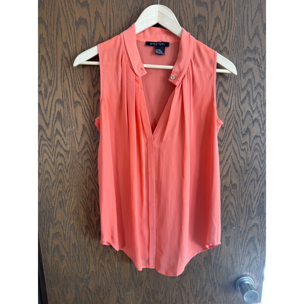 Etcetera Coral 100% Silk Sleeveless Pleated V-Neck Blouse Top Womens Size 4
